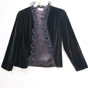 Sakowitz Velvet Evening Jacket L Black Womens Ruffle‎ Trim Bolero Blazer